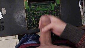 skinny young guy cums hard on machine at work with huge monster cock moaning loud