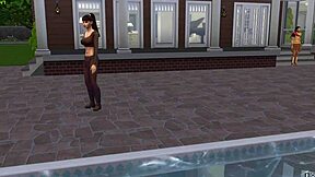 Muscular Ebony Babe Fucks Brunette Teen With Big Cock By Pool