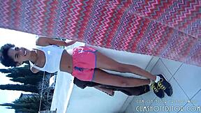 Amateur ebony babe drains cock with blowjob and swallows cum in public pov outdoor scene