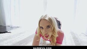 Horny teen 18+ slut Marilyn Johnson takes double penetration from two big cocks. She enjoys ass to mouth and pussy action in fishnets.