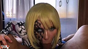 Anti-venom babe in cosplay does deepthroat sucking and missionary fucking with cum in mouth swallow