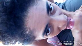 Amateur ebony babe drains cock with blowjob and swallows cum in public pov outdoor scene