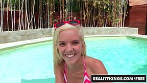 Blonde spinner HALLE VON TRIES to DEEPTHROAT HUGE COCK outdoors. Petite teen in reality kings scene.