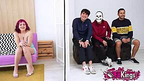 Petite redhead teen Mei handles 3 rookie dudes in rough doggystyle and cowgirl group fucking session