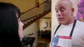 Stepdad dominates goth teen 18+ and wife in bondage threesome with anal fucking.