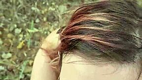 Petite MILF gives a homemade blowjob outdoors in nature during her trip to Chypre