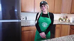 Busty Starbucks barista blonde squirts on big black cock and swallows cum during shift