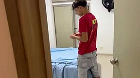 Hijastro, what are you doing masturbating with my panties? Big ass madrastra fulfills his fantasy by riding his big cock missionary.