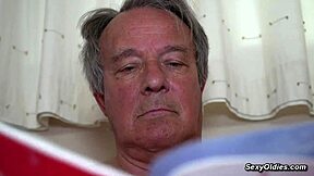 naughty babe fucks her step grandpa in cowgirl position in bed with small tits lingerie