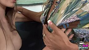 Feeling the intense forbidden desire as busty taboo stepmom passionately licks and fingers the young teen's wet pussy