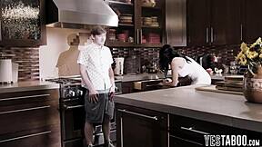 lonely brunette milf stepmom with big tits bathes then licks and fucks young hung stepson doggystyle rough