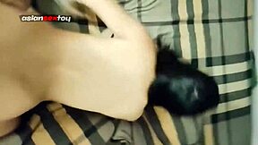 amateur asian couple enjoys passionate doggystyle session ending with cum on her hairy petite pussy.