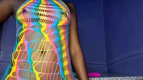 Young 18+ brunette ebony girl licks her creamy chocolate-flavored pussy with dildo to orgasm