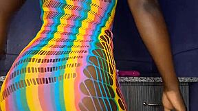 Young 18+ brunette ebony girl licks her creamy chocolate-flavored pussy with dildo to orgasm