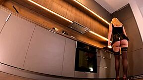 this hot all natural college girl with tight shaved pussy tries on leather skirt and stockings for a fashion haul that leads to casting interview