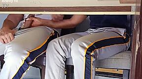 In a forbidden classroom game, the hot college girl flashes her uniform. She rides the desk wildly in a quickie with her student friend.