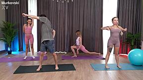 Fitness trainer bends over two cute clients for deepthroat and doggystyle. 😏