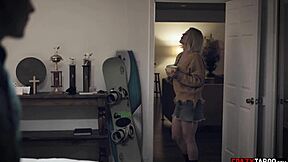 Blonde milf stepmom gives teen stepson blowjob and handjob in taboo hardcore session.