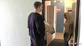 German teen 18+ tight tini gets caught by postman who convinces her to fuck doggystyle. she takes his big cock and ends with a facial cumshot.