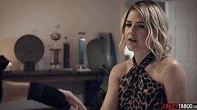 Blonde milf stepmom gives teen stepson blowjob and handjob in taboo hardcore session.