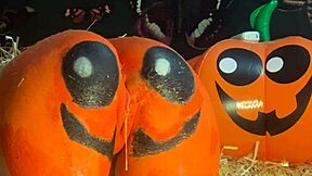 hey there, this teen's out in the pumpkin patch getting a wild double creampie from that big cock during halloween sex...