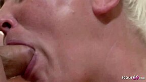 Fat German granny gets fucked by step grandson during weekend visit with blowjob and doggystyle cumshot.