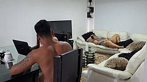 My stepmother fingers her pussy while stepsister focuses on homework