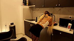 Hey hot tattooed blonde with long hair, why are you taking off your panties in the kitchen to show that meaty pussy and sexy ass?