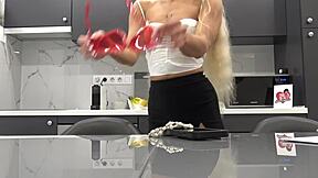 Hey hot tattooed blonde with long hair, why are you taking off your panties in the kitchen to show that meaty pussy and sexy ass?