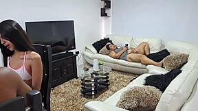 My stepmother fingers her pussy while stepsister focuses on homework