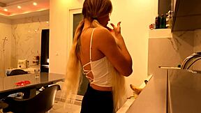 Hey hot tattooed blonde with long hair, why are you taking off your panties in the kitchen to show that meaty pussy and sexy ass?