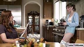 Stepdaughter asslicks tattooed stepmom, but contrasts with big tits lesbian pussy licking in kitchen.