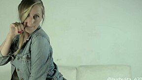 argentinian blonde with big tits in lingerie masturbates pussy solo using dildo in sexy pollerita de cuero