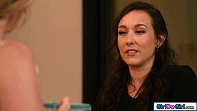 Petite milf with small tits footfucks her blonde neighbor's hairy pussy. They kiss and lick in intense lesbian session.