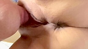 This amateur wife reveals her shaved pink pussy in close-up, just 279 days after her first creampie fuck.