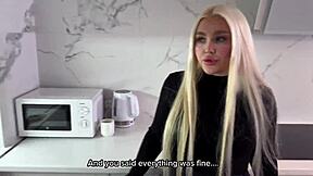 Sexy blonde in black stockings rides and fucks amateur Russian couple hard