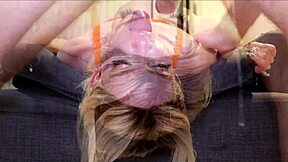 Tiny blonde teen takes sloppy facefuck from huge cock. She gags during pov facial cumshot.