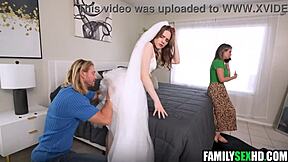 Sneaky stepdad takes advantage of brunette teen bride in dress for taboo deepthroat and hardcore sex 😏