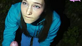 Adorable girl got lost in the forest and I showed her the way but in return she sucked my big cock and got creampie in tight wet pussy outdoors.