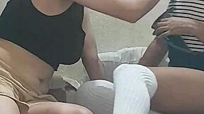 Colombian pornstars LaGorditaSquirting and Ceresexo film lesbian scene until cameraman joins for squirting threesome