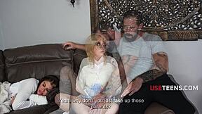 Cute obedient stepdaughter with glasses keeps step dad distracted through various interactions in useteen 18+ scenario