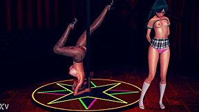 Suggestive busty step mom in pantyhose teases shy teen daughter with striptease at work in 3D cartoon