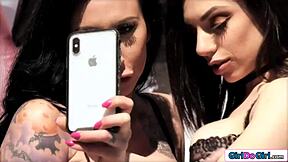 poolside big tits lesbian pussy licking with brunette latina milf and young petite tattoo sucking tits outdoors