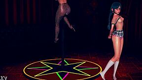 Suggestive busty step mom in pantyhose teases shy teen daughter with striptease at work in 3D cartoon