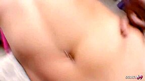 Blonde teen with saggy natural tits and pink fishnet socks strips then gets rough fucked with deepthroat and facial cumshot