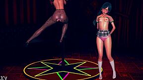 Suggestive busty step mom in pantyhose teases shy teen daughter with striptease at work in 3D cartoon