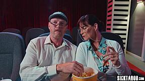 Cinema time contrasts with teen 18+ Athena Faris moaning during movie while riding boyfriend's cock