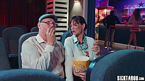 Cinema time contrasts with teen 18+ Athena Faris moaning during movie while riding boyfriend's cock