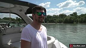 the small tits russian babe enjoyed deepthroat blowjob and assfucking with footjob on the yacht outdoors