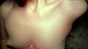 my stepsister's handjob on my big cock brings intense evening orgasm with cum on her small tits. short emotional version.